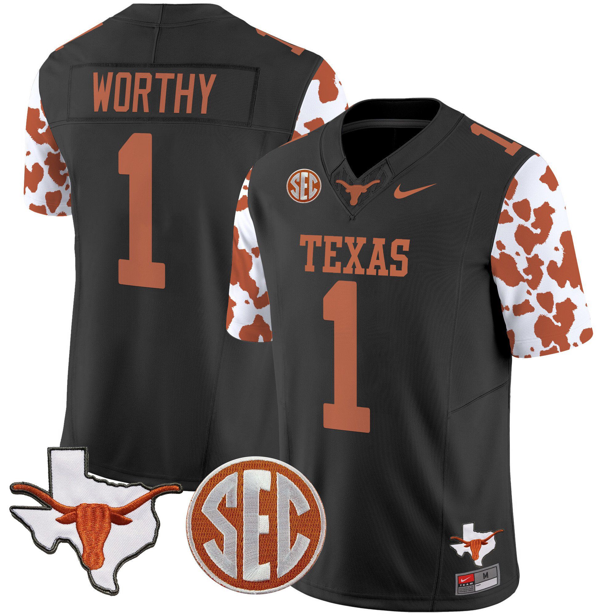 Men Texas Longhorns #1 Worthy Black 2024 Nike Cow Spots Vapor Limited NCAA Jersey